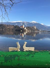 The famous concrete bird in front of the island of Bled